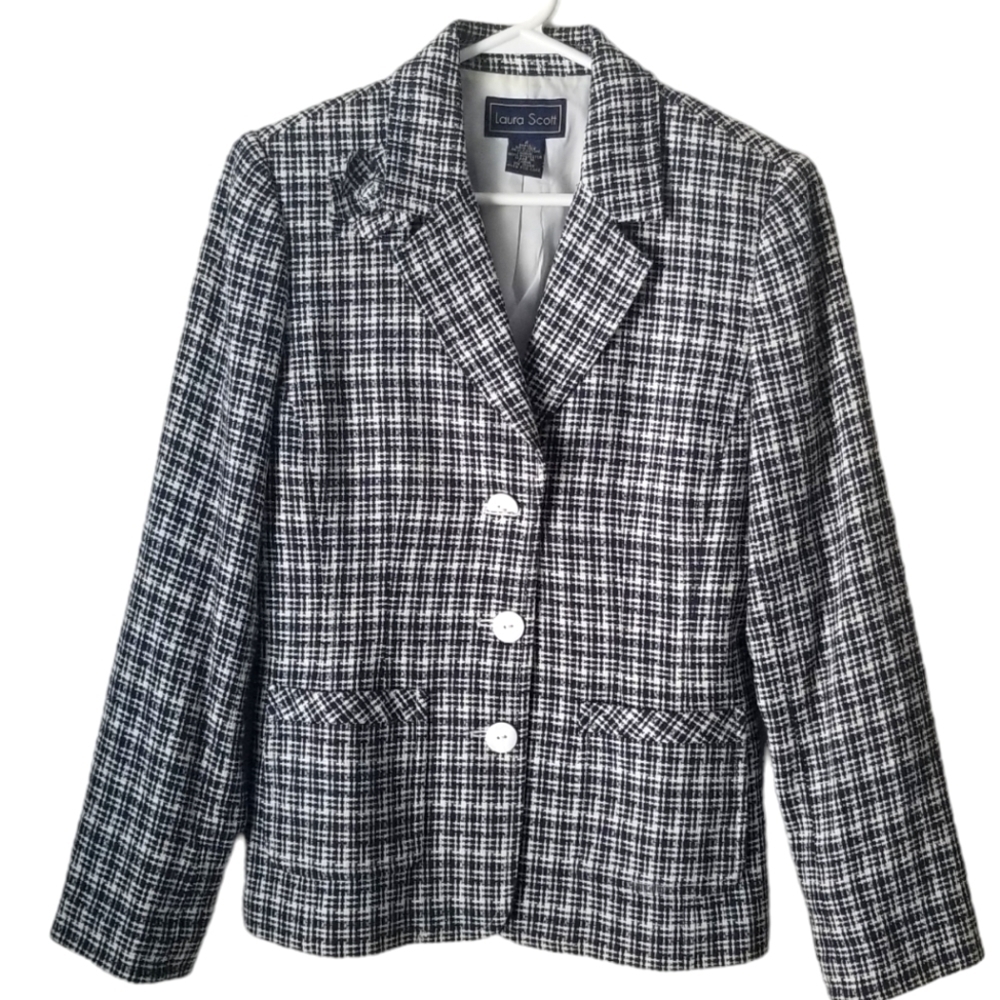 Laura Scott Silk Blend Blazer Black & White Plaid with Matching Corsage Size 4